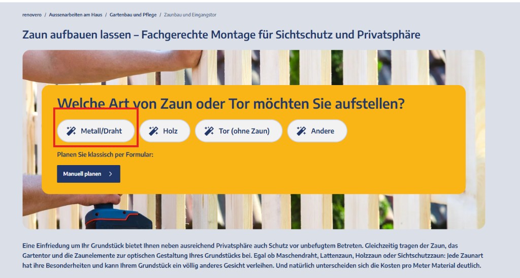 Category page with questionnaire